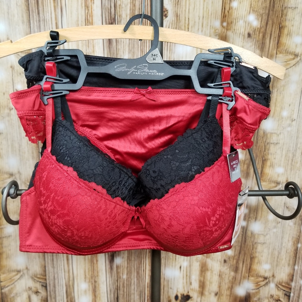 Marilyn Monroe -NEW- Red/Black Mega Push-up Bra & Tanga 34C Medium 4 Piece Set